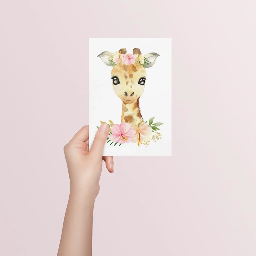 Cute Floral Giraffe Watercolor Wall Art Print Poster Unframed - Picture 7 of 15